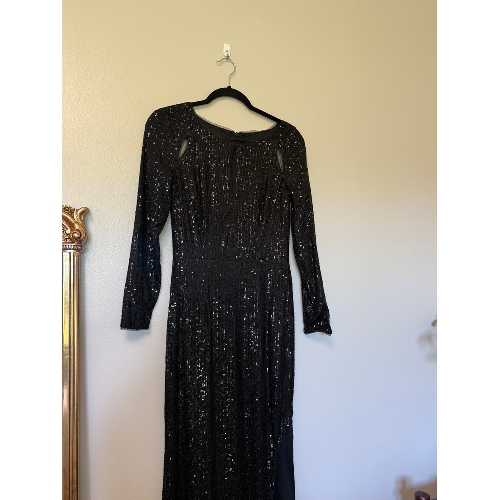 Black Sequin Long Sleeve Maxi Dress Shoulder Cut Out Side Slit Formal Gown - Picture 4 of 16